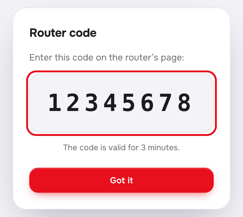 The Router code window in your account, the eight digits are circled